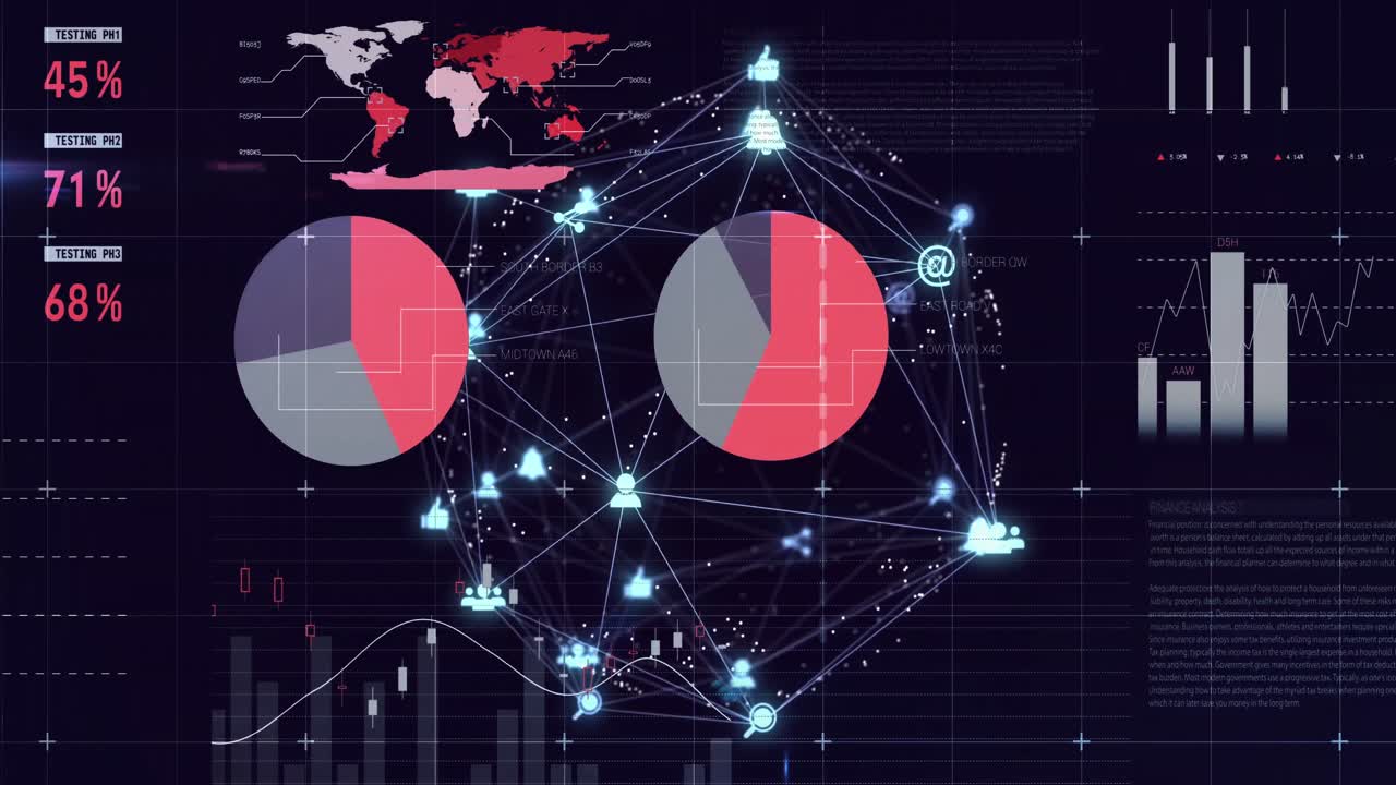 Animation of statistical data processing and globe of digital icons against black background