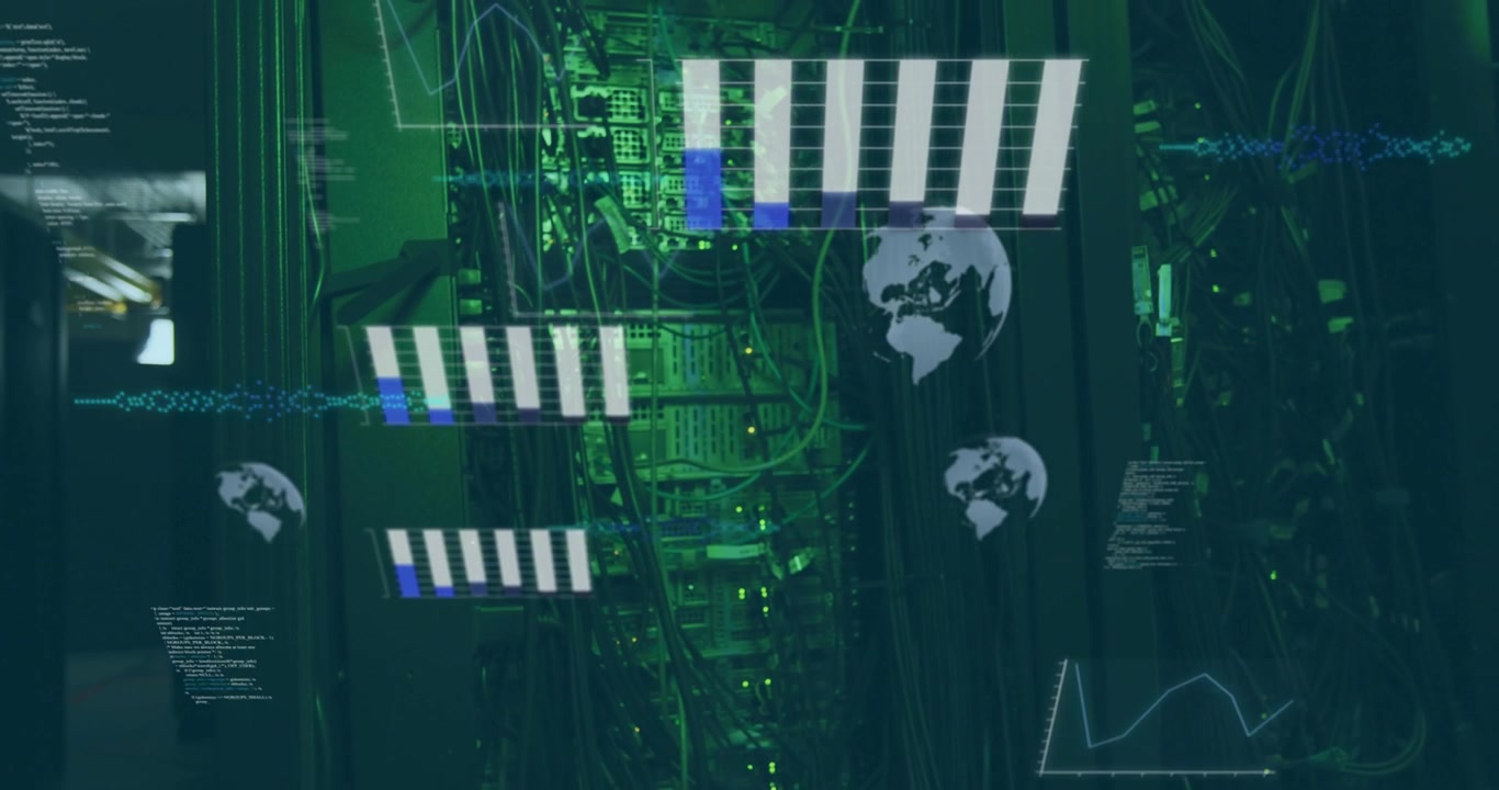 Steady camera panning data center aisle initiating server rack charts sliding in visualizing growth
