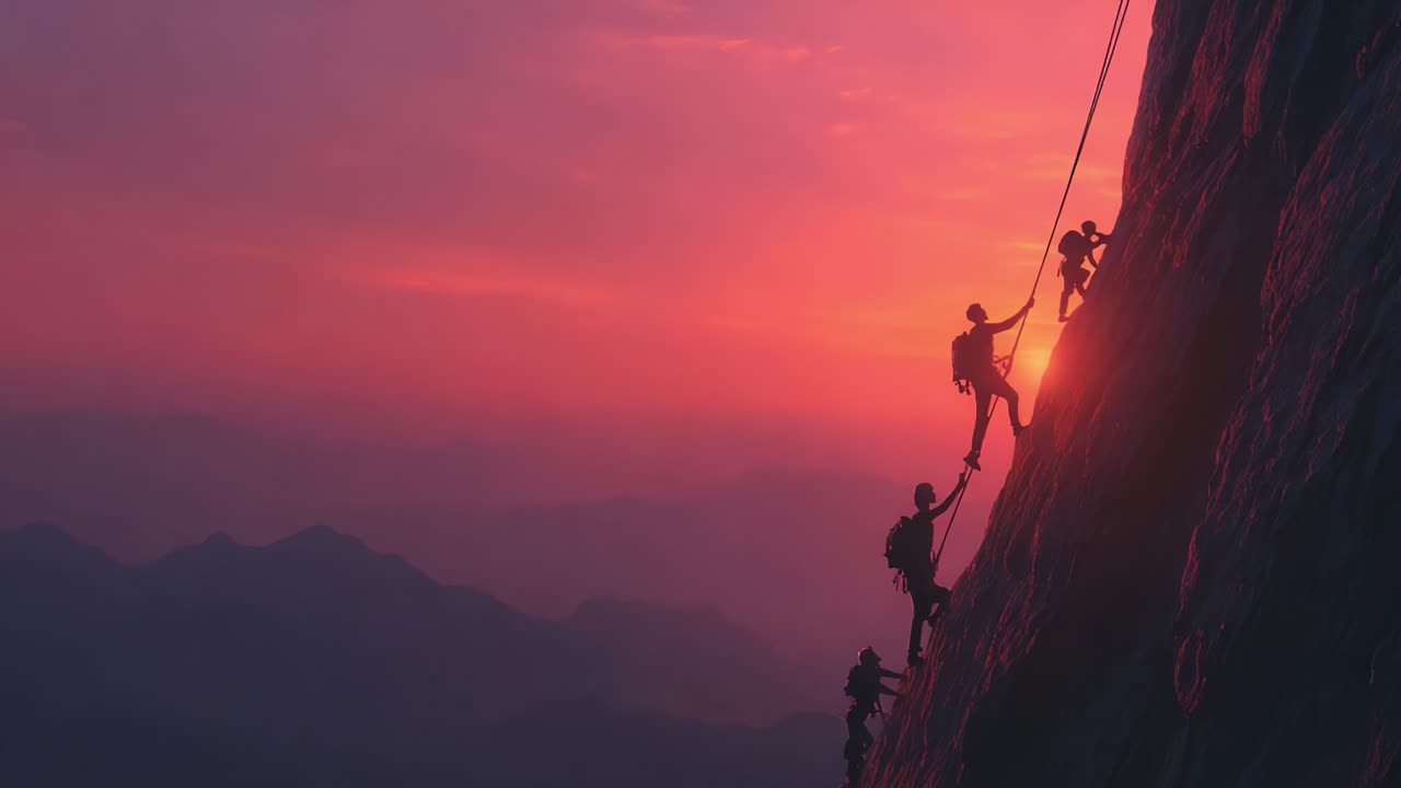 A group of climbers scaling a steep mountain face against a breathtaking sunset backdrop, encapsulating the thrill and challenge of outdoor adventure and teamwork