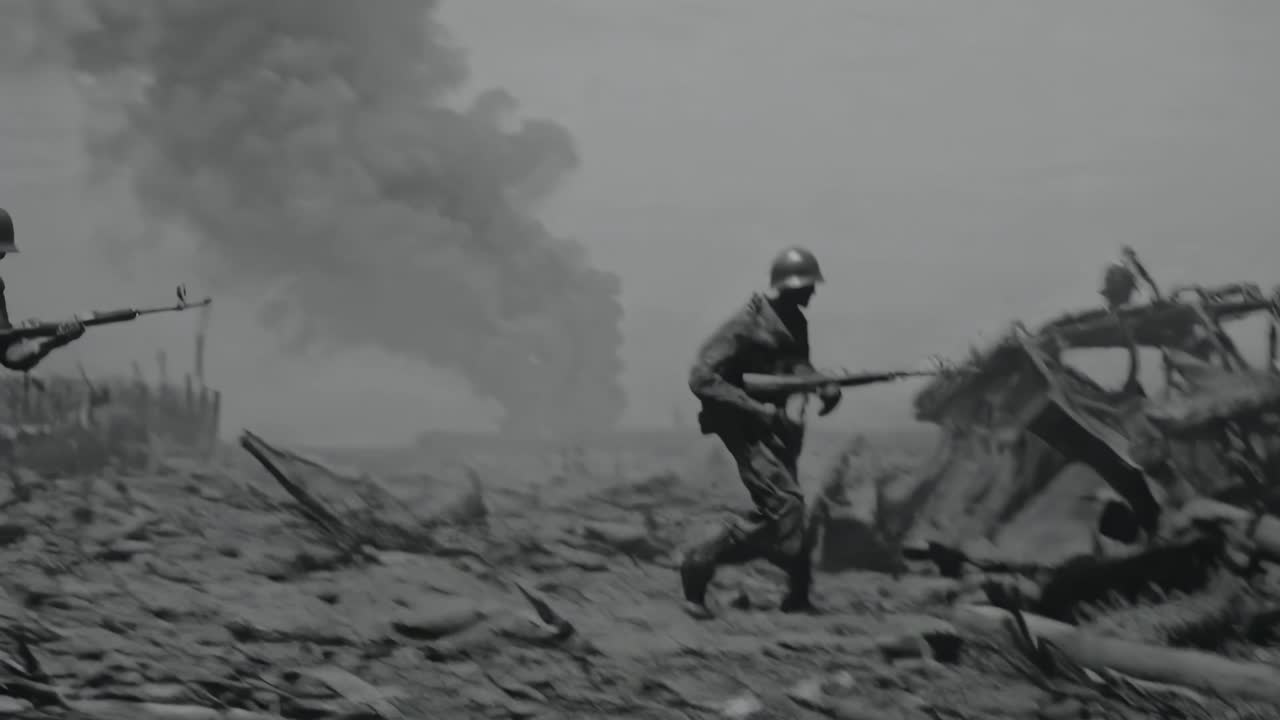 Black and white video still of a war-torn battlefield with destroyed vehicles