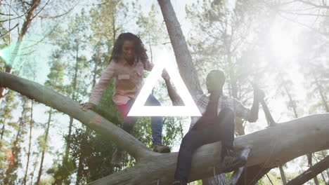 in forest, children climbing tree with glowing geometric animation overlay