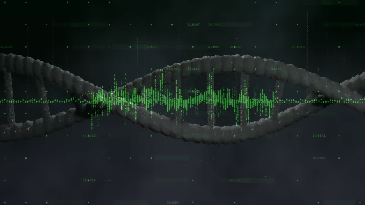 DNA double helix twisting across dark space, overlaying green waveform and floating data points