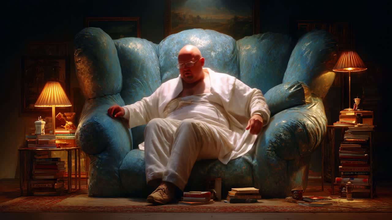 A Cozy Moment: A Plump Man Relaxing Comfortably on a Large, Soft Sofa Surrounded by Books and Warm Light in a Tranquil Living Room Setting