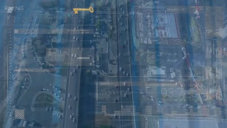 animation of financial data over road traffic and cityscape