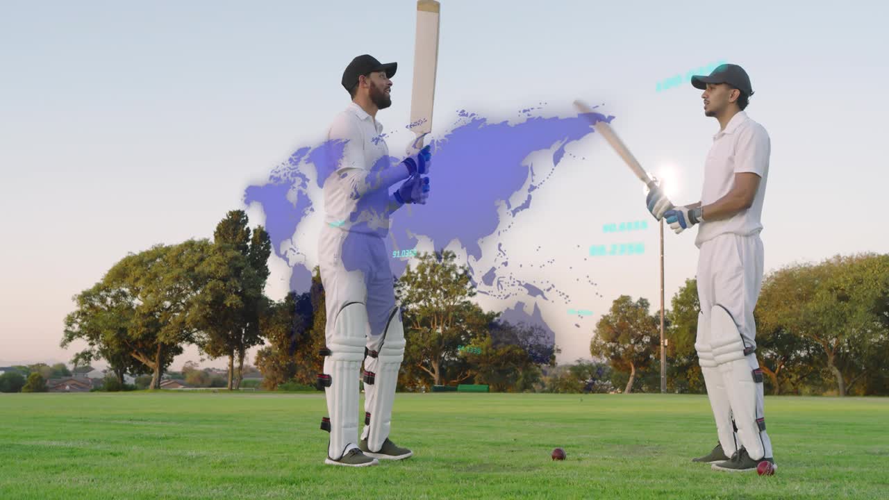 Due giocatori di cricket che si sistemano le protezioni e si esercitano a sollevare la mazza per fare sport, sovrapposizione di una mappa del mondo blu sui giocatori