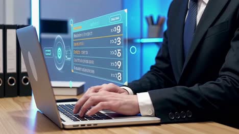 corporate professional working on a laptop with a holographic user interface display