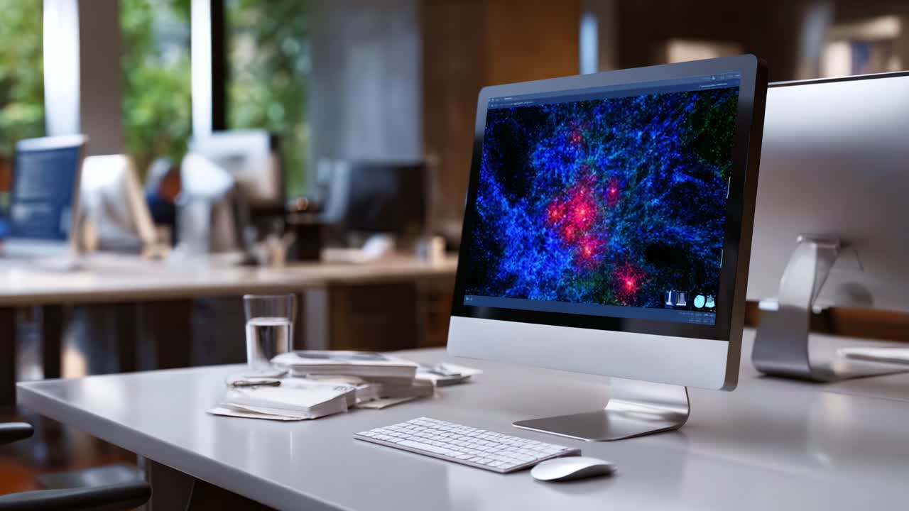 A Vibrant Office Scene Highlighting a Computer with Colorful Digital Data Visualization on Screen, Showcasing Advanced Technology and Modern Workspace Design