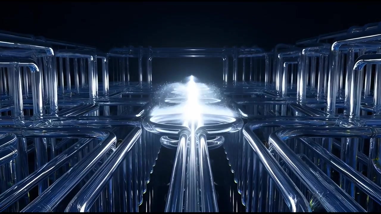 Glowing Light Energy Flowing Through a Futuristic Network of Transparent Tubes