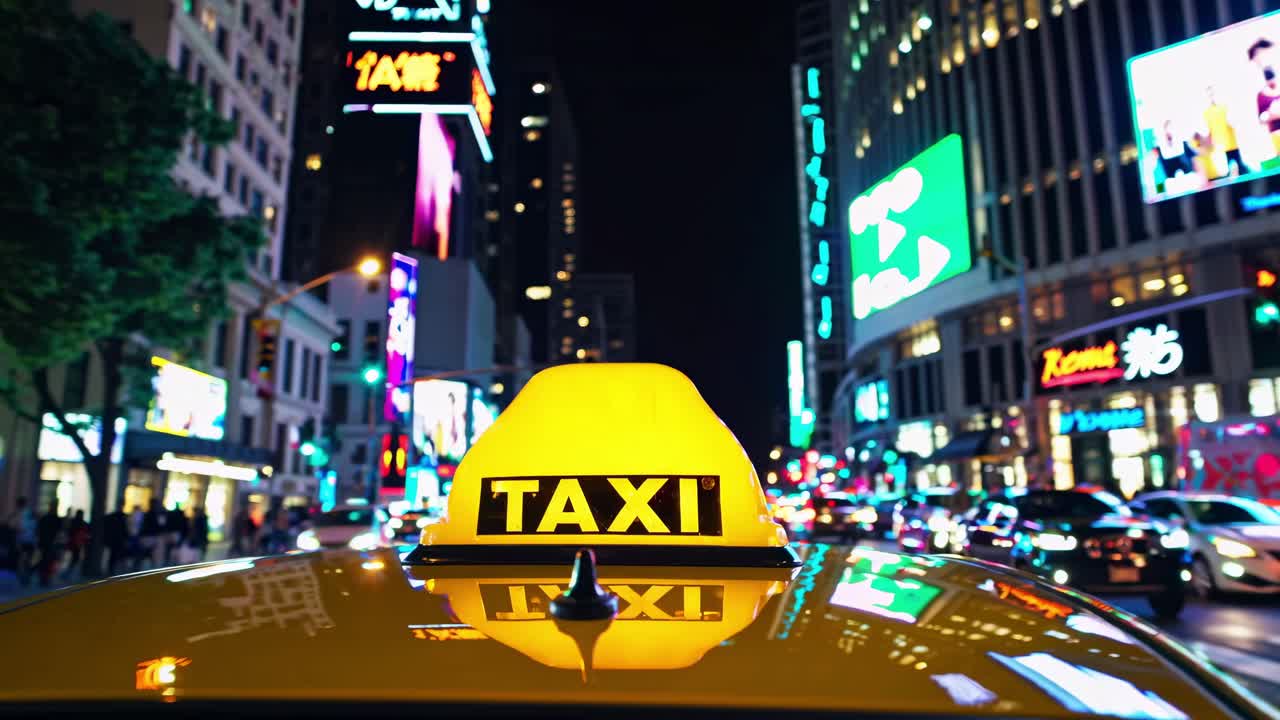 Illuminated Times Square at night showcases bustling traffic and vibrant billboards. A yellow taxi navigates the lively streets, embodying the dynamic energy of New York City
