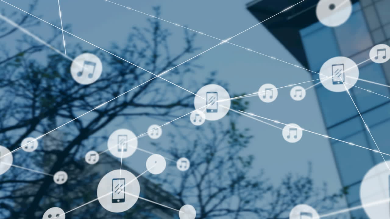 현대적인 사무실 건물 위의 아이콘과 연결 네트워크의 애니메이션