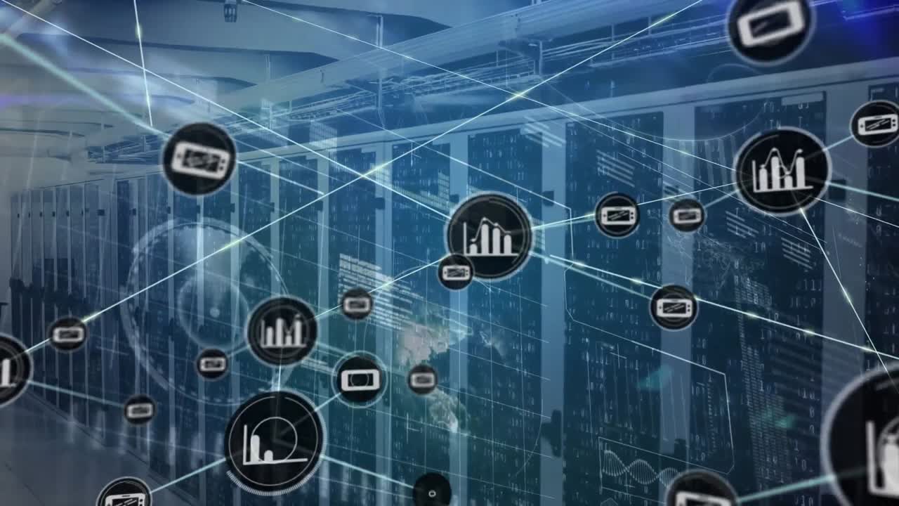 Animation of network of digital icons and interface with data processing against server room