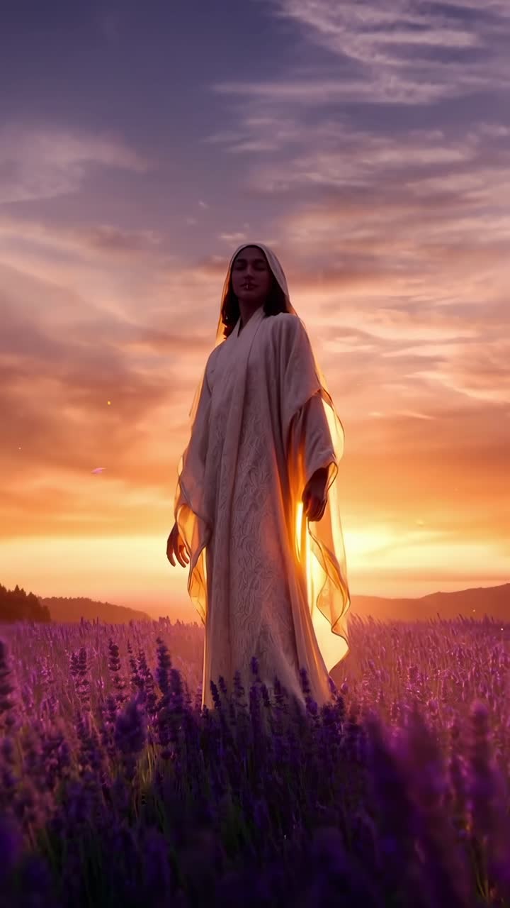 Una scena video serena di una donna in un campo di lavanda al tramonto, ripresa da un'angolazione bassa.