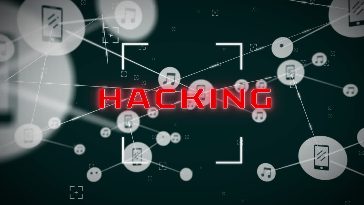 Animation of cyber attack text and network of connections on black background