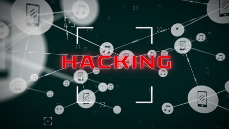 animación del texto del ataque cibernético y la red de conexiones en fondo negro