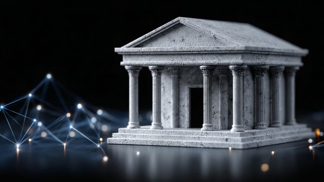 Un modello di tempio antico di Magnific circondato da una rete dinamica di connessioni blu luminose, che illustra la fusione tra storia e tecnologia digitale