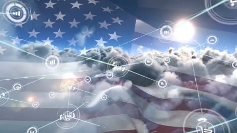 Animation-Von-Diagramm--Und-Warenkorbsymbolen,-Die-Mit-Linien-über-Der-Flagge-Amerikas-Und-Wolken-Verbunden-Sind