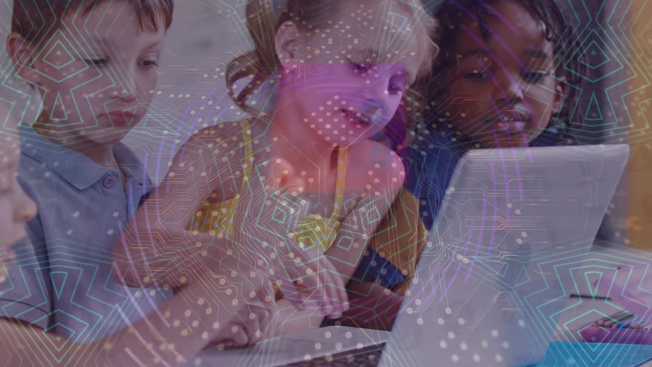 Animation of qr code and data processing over diverse schoolchildren using tablet