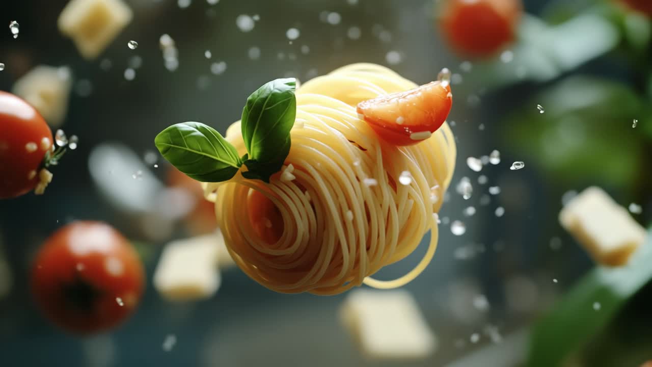 Pasta swirling with tomatoes. Fresh pasta spins among halved cherry tomatoes and basil leaves, capturing a moment of culinary creativity in a kitchen.