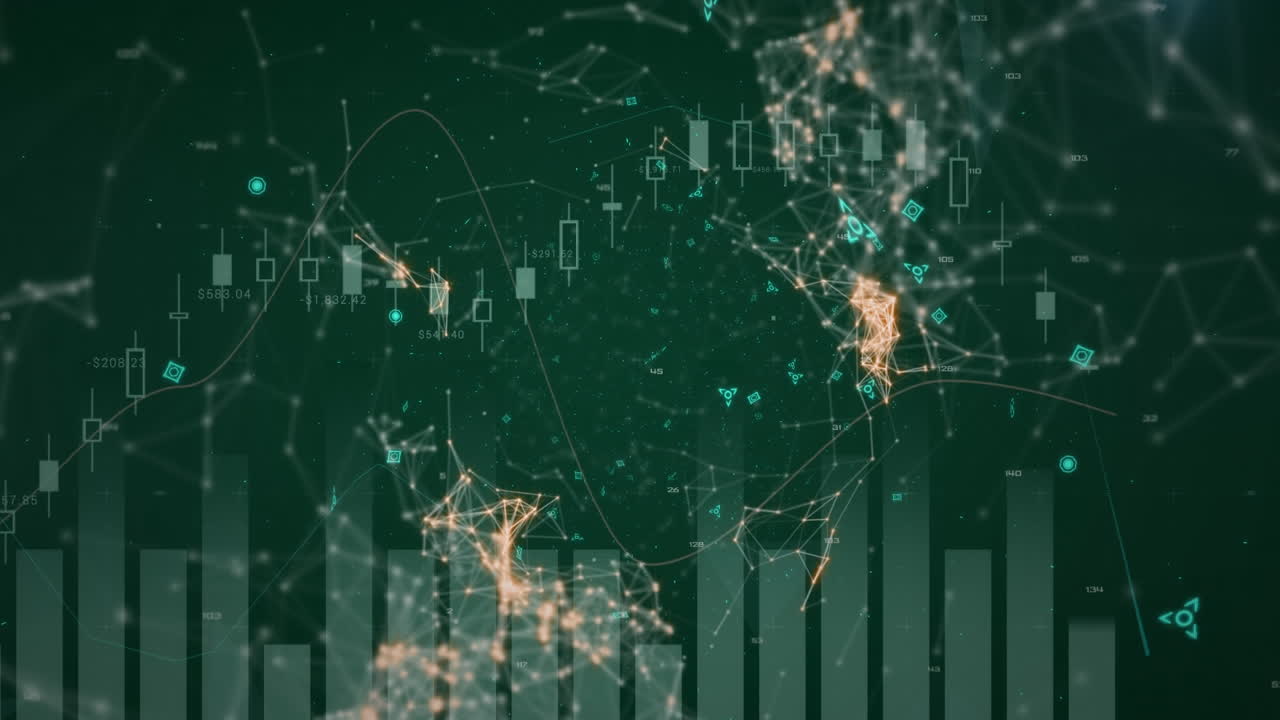 Connecting points in green and orange moving on dark green background with scrolling graph