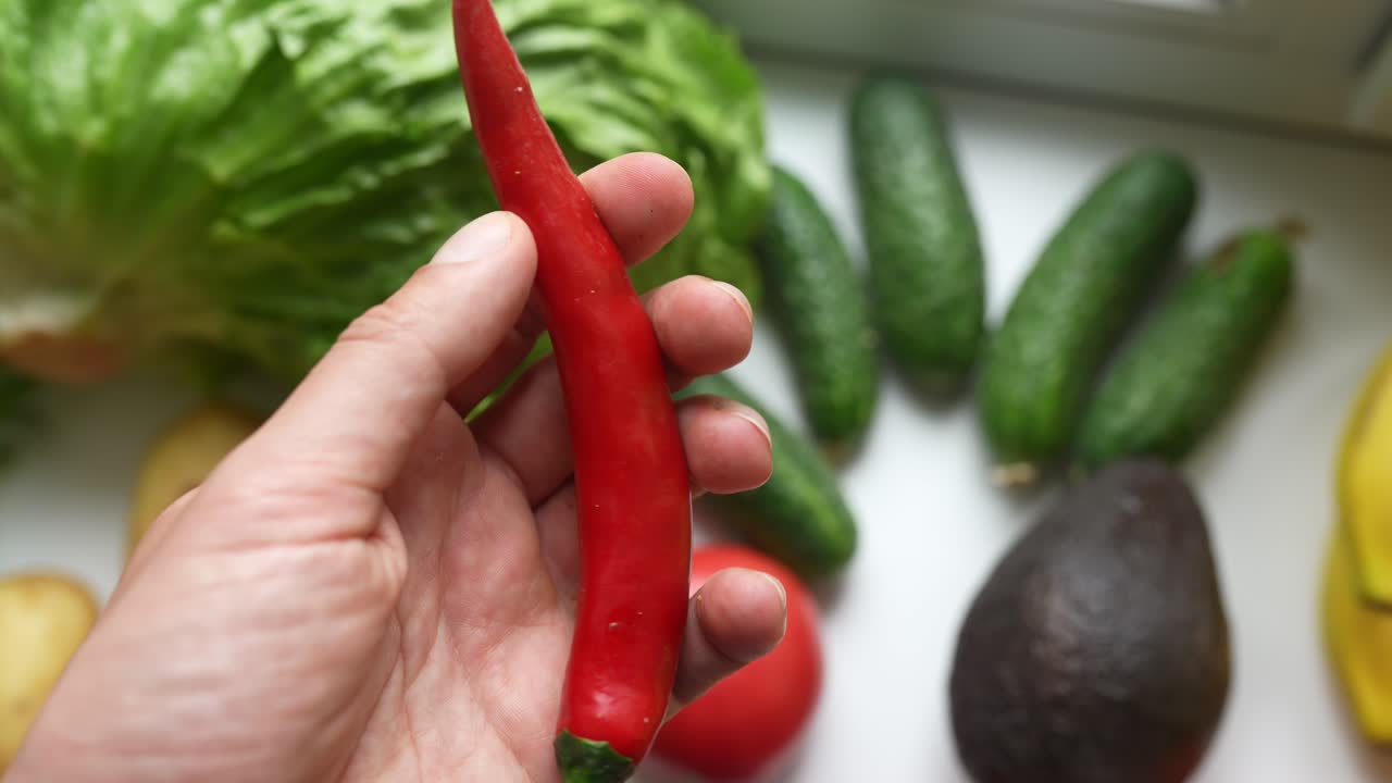 다른 신선한 채소 중 은 칠리 고추를 들고 있는 손