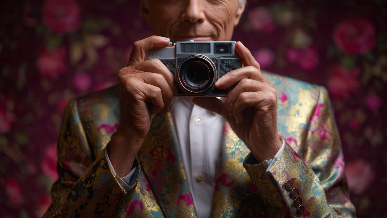 Un uomo anziano in un elegante abito a fantasia colorata posa con gioia con una macchina fotografica vintage su uno sfondo floreale, catturando un momento di nostalgia e fascino