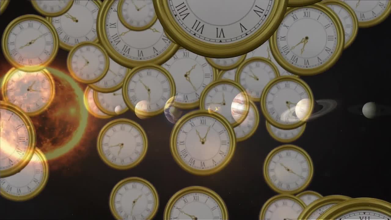 Animation of solar system, planets and space over clocks ticking
