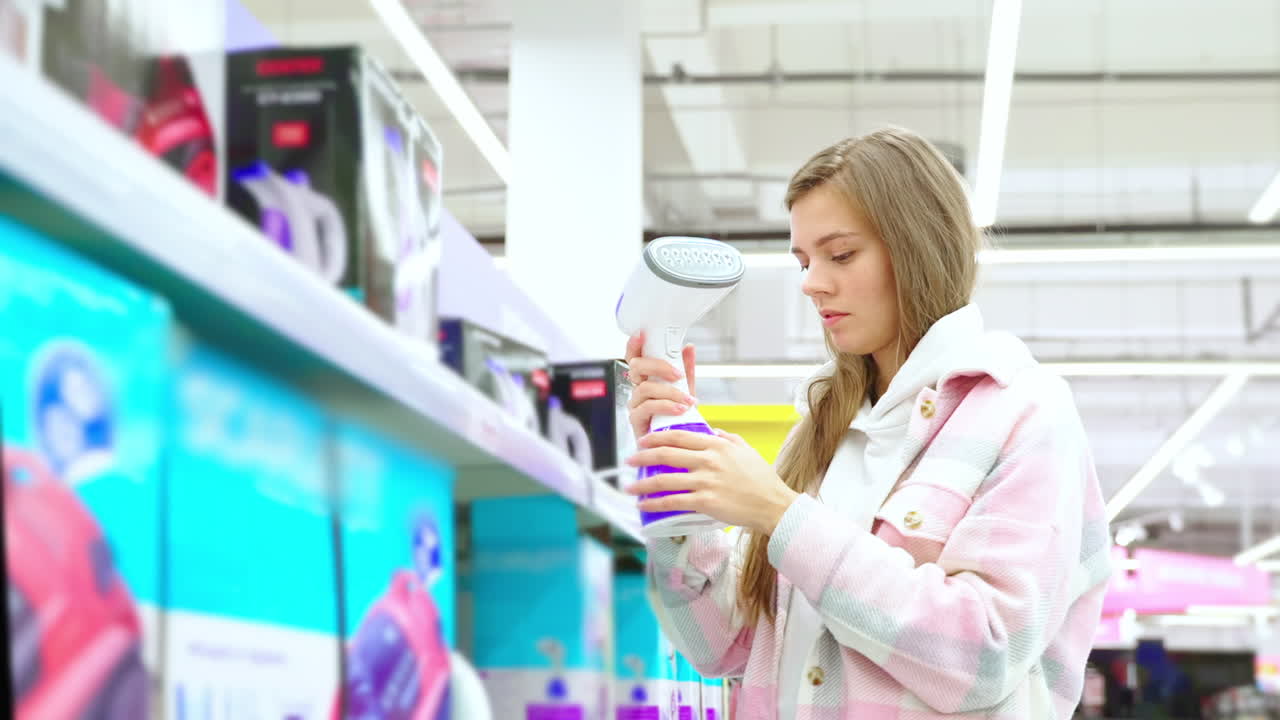 소매점 에서 휴대용 증기 를 구입 하는 여자