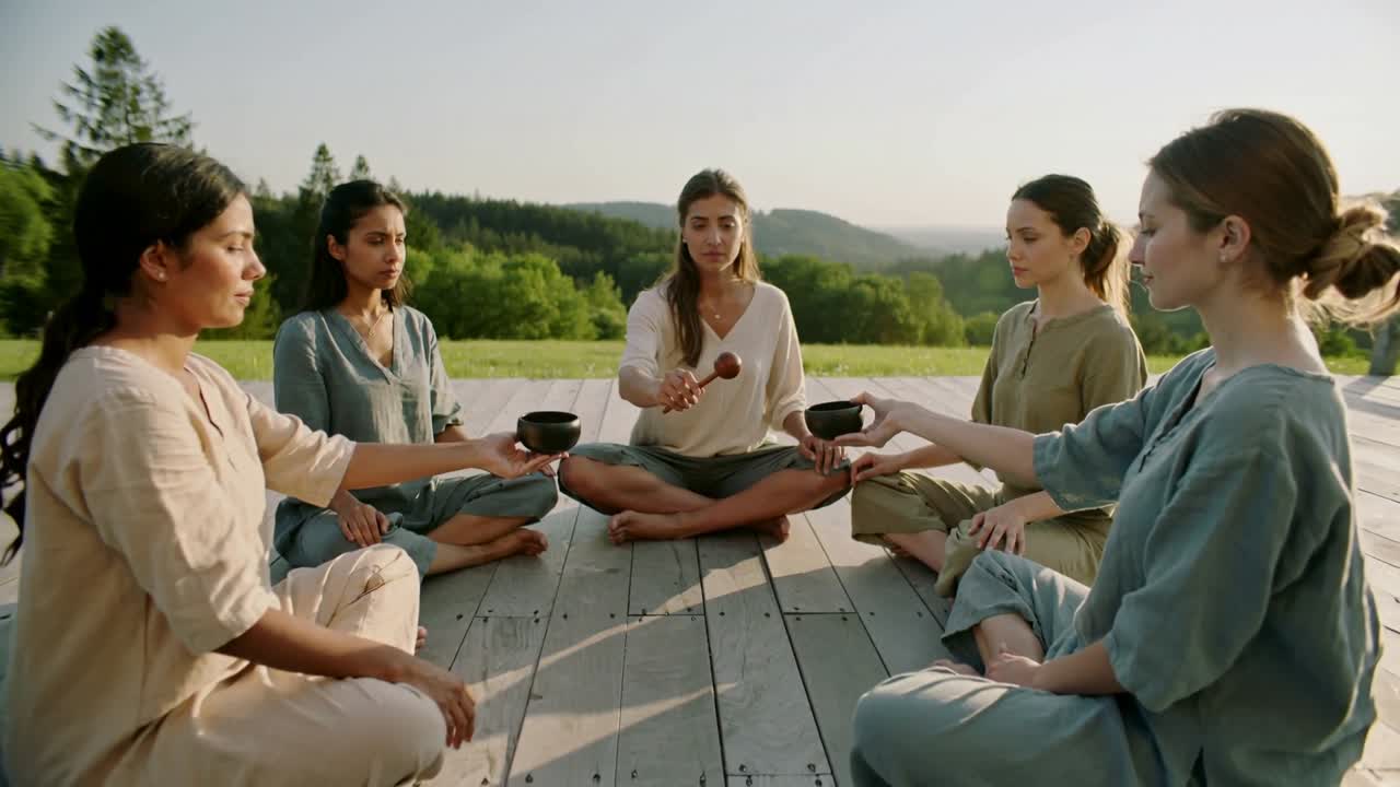 Kvinde i centrum løfter køllen, slår på meditationsskål, leder meditation fra en platform med udsigt over en dal, med skåle i linned.