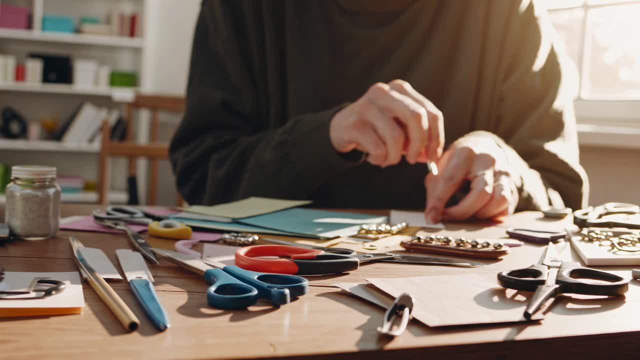 Aerial view of a creative workspace with hands crafting. Sunlight streams in, casting shadows. Ideal
