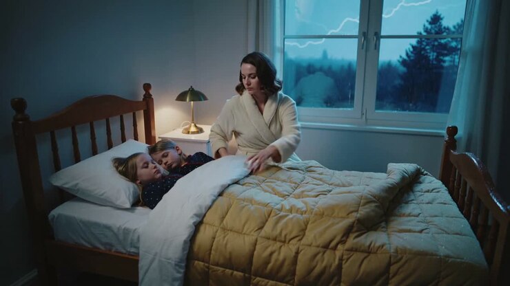 En mor i morgenkåbe putter og trøster børn i tøj i sengen, mens lynet glimter, lampe og dyne.
