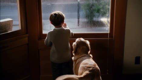 a boy and his dog look out a rainy window