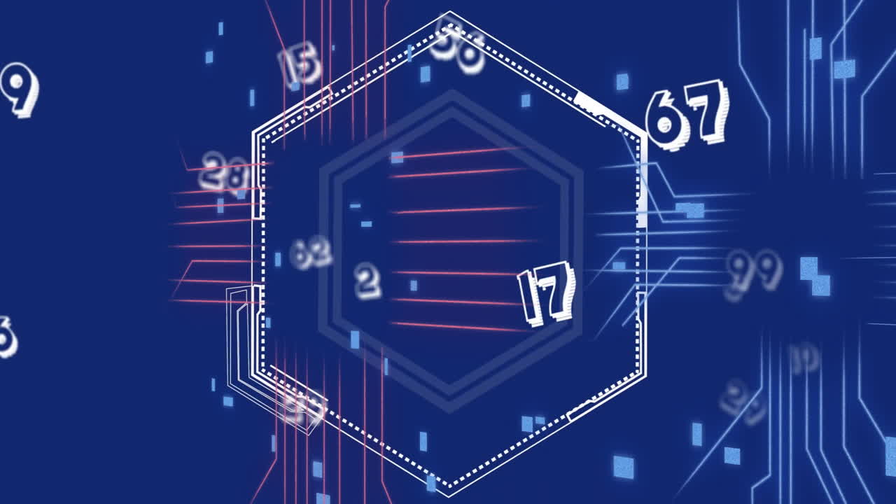 Animation of data processing over shape on blue background