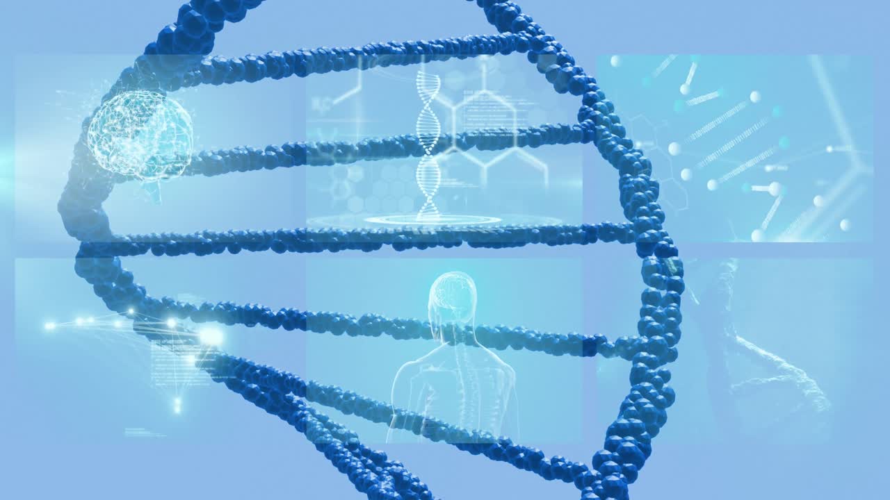 파란색 배경에 대한 의료 데이터 처리와 함께 스크린에서 dna 구조의 애니메이션