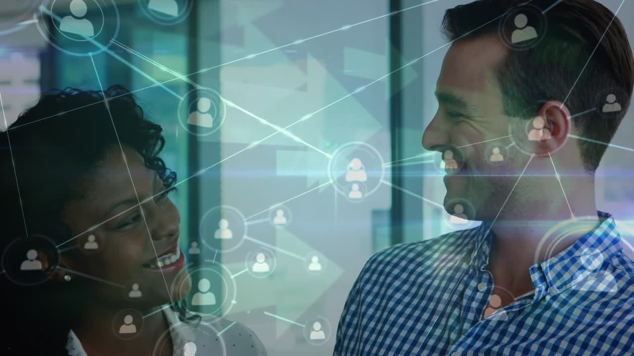 Animation of connections and arrows over diverse female and male coworkers with tablet in office