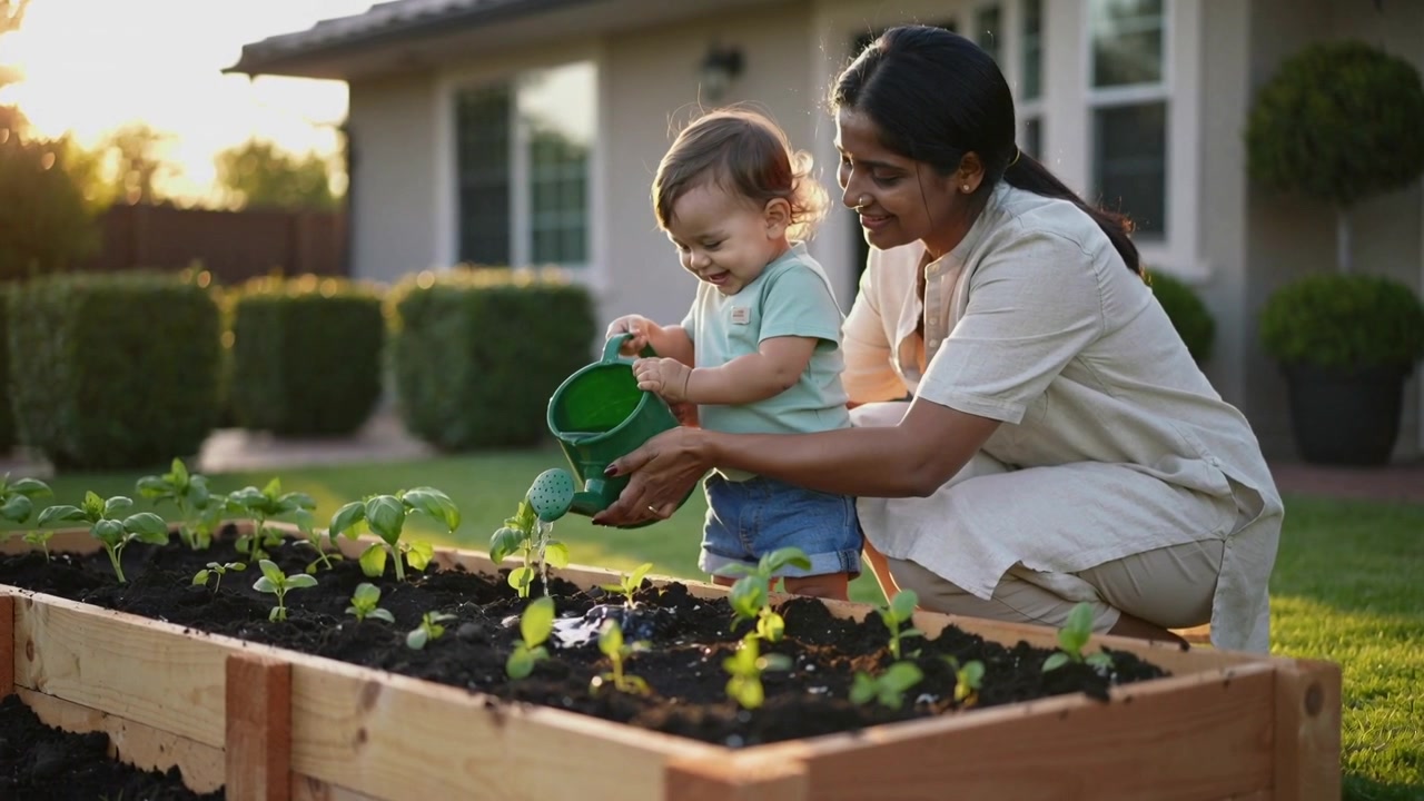 Woman kneeling, guiding toddler tipping green watering can to water planter in backyard