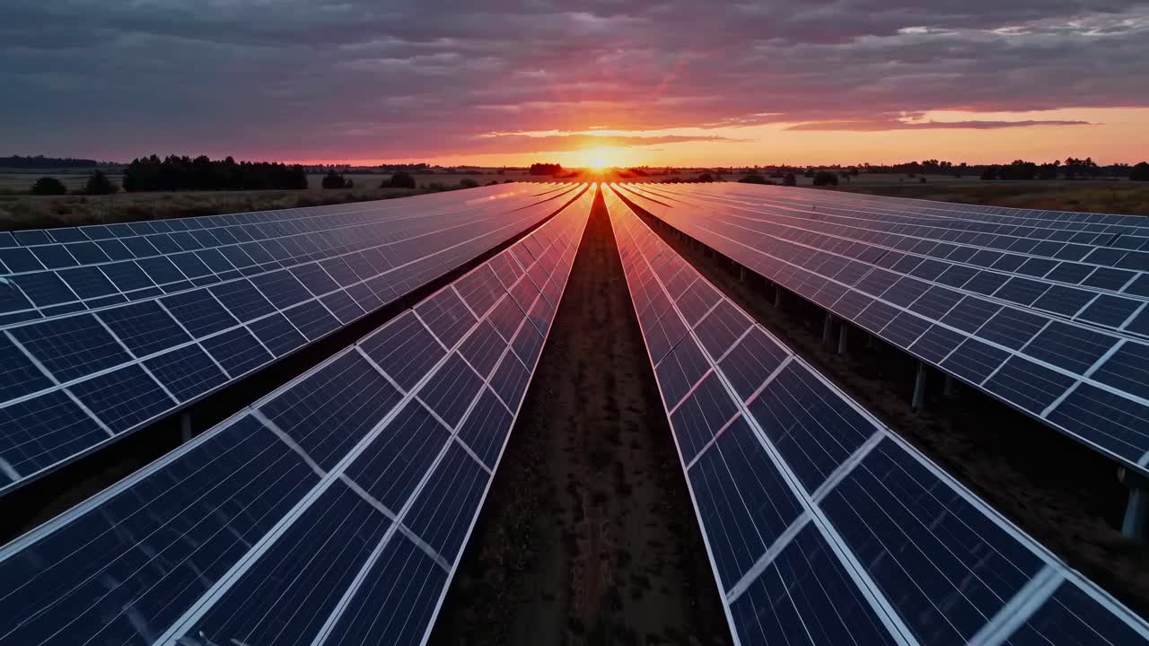 Luftfoto af solpaneler ved solnedgang, der fanger det omfattende udvalg og den levende himmel
