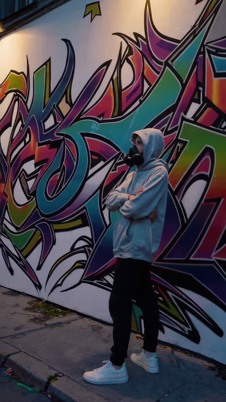 Persona in piedi accanto a un muro di graffiti colorato di notte