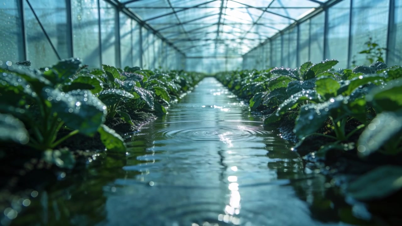 Canale di irrigazione centrale increspato all'interno di una serra, con foglie bagnate che luccicano.