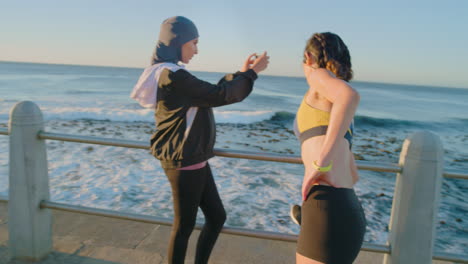 women, ocean or stretching in fitness running