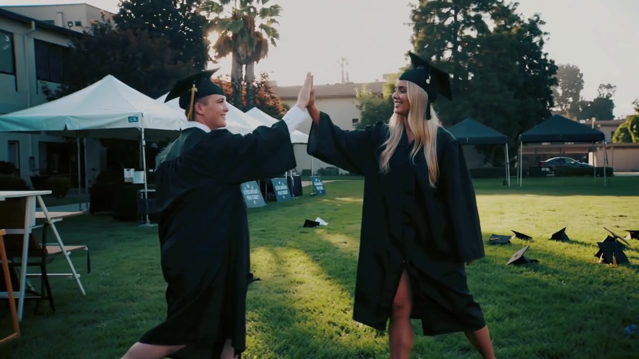 Uomo che si avvicina, laureata che cammina in toga che si scambiano un cinque sul prato, festeggiando con i cappelli di laurea.