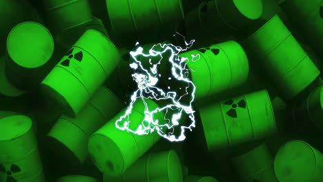 animación de energía eléctrica sobre barriles de residuos radiactivos
