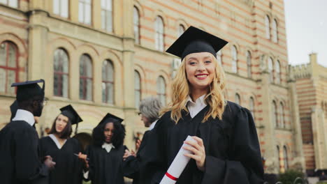 portrait of the blonde young graduated woman posing to the camera and smiling in front of the university