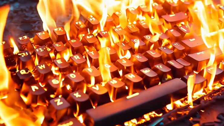 A burning keyboard sitting on top of a fire