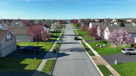 a push-in aerial shot over a road from a residential area in the usa