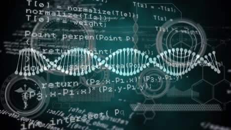 Animation-of-dna-strand-and-data-processing-over-black-background