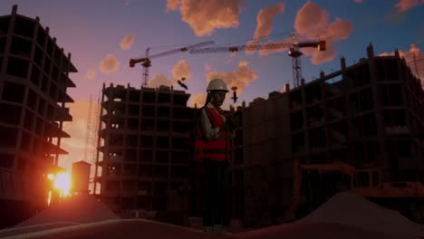 vista lateral completa del cuerpo de una ingeniera asiática con casco de seguridad usando un teléfono inteligente mientras está de pie en el sitio de construcción, durante la puesta o el amanecer