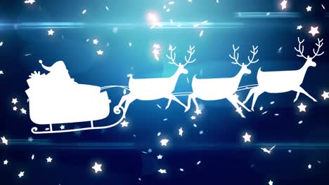 Animation-of-glowing-stars-falling-over-santa-claus-in-sleigh-with-reindeer