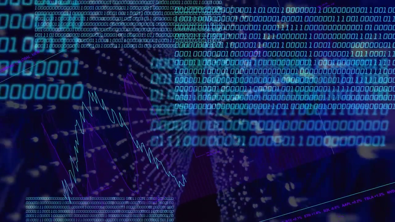 Edge cyan digits appearing, code panels sliding and wave tracing to form dense code tunnel