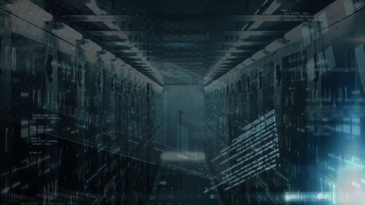 Data processing animation over futuristic server room with digital interfaces