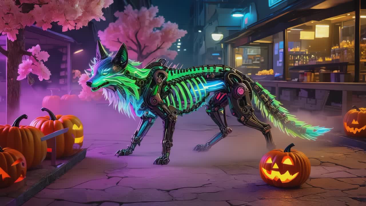 Cyberpunk Fox with Pumpkins